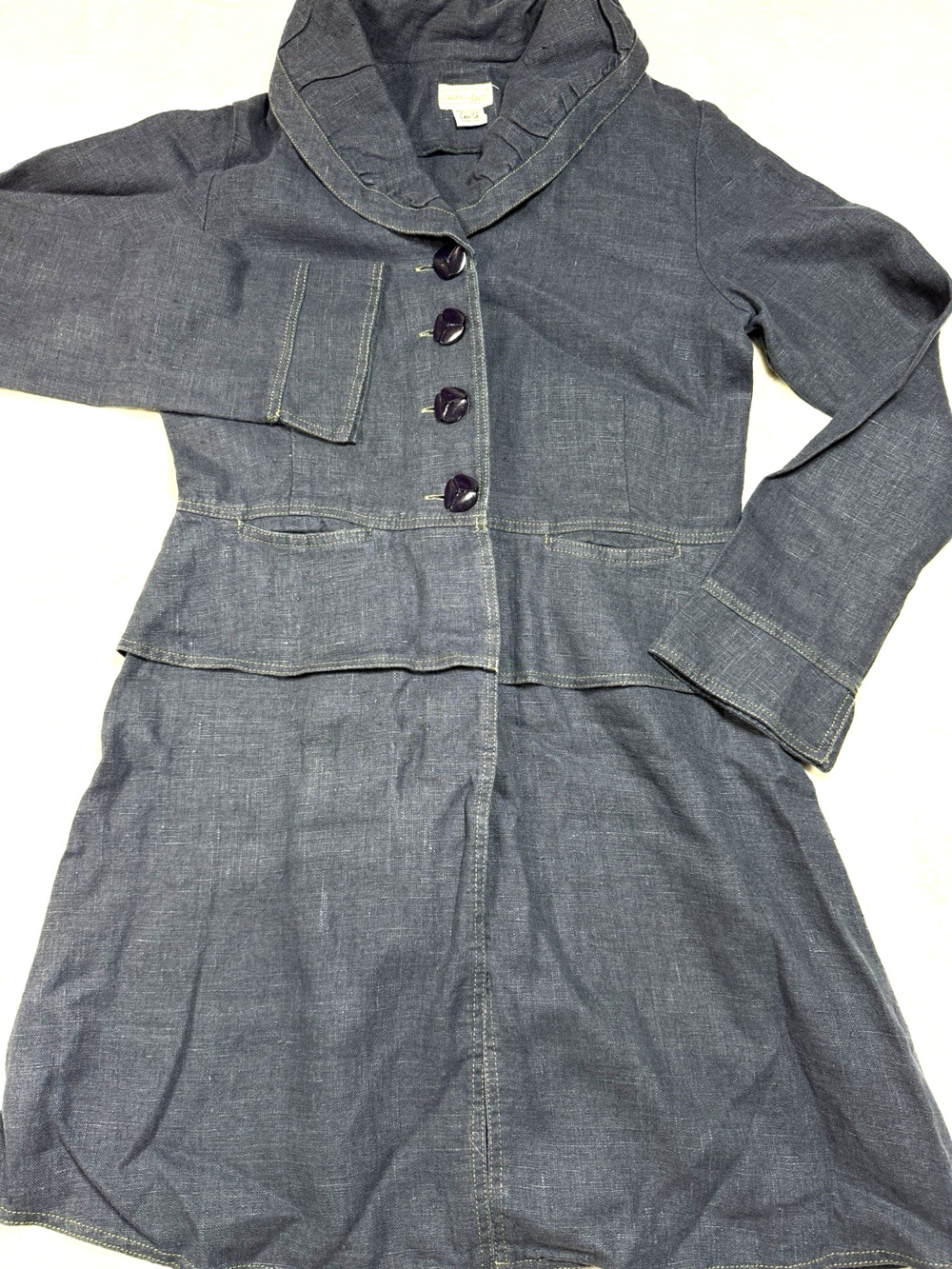 Neesh by DAR Denim Colored Linen Duster Coat Peplum Lagenlook Dark Mori Sz L
